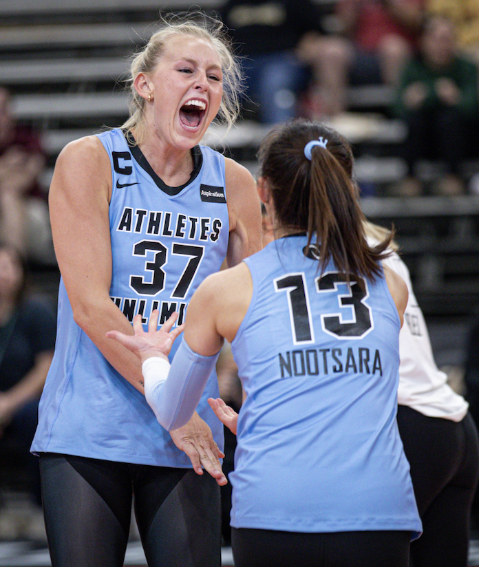 Linnehan celebrates a point-AU volleyball
