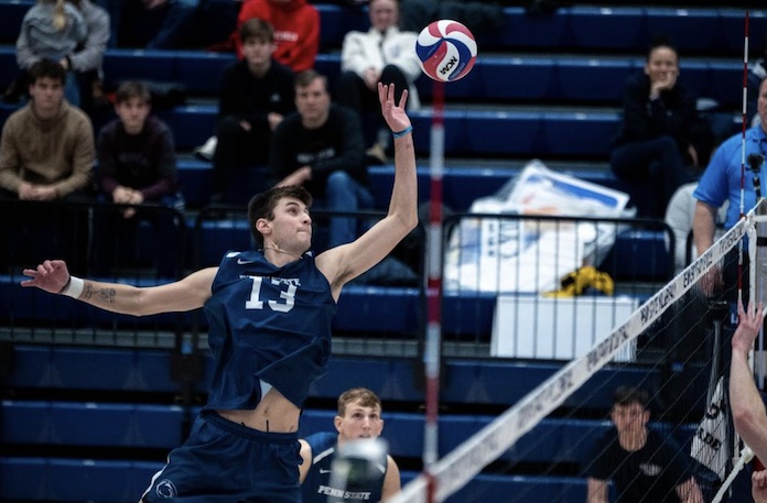 Penn State's Owen Rose tips against Lewis in their NCAA men's volleyball match in State College, Pennsylvania on January 6, 2024